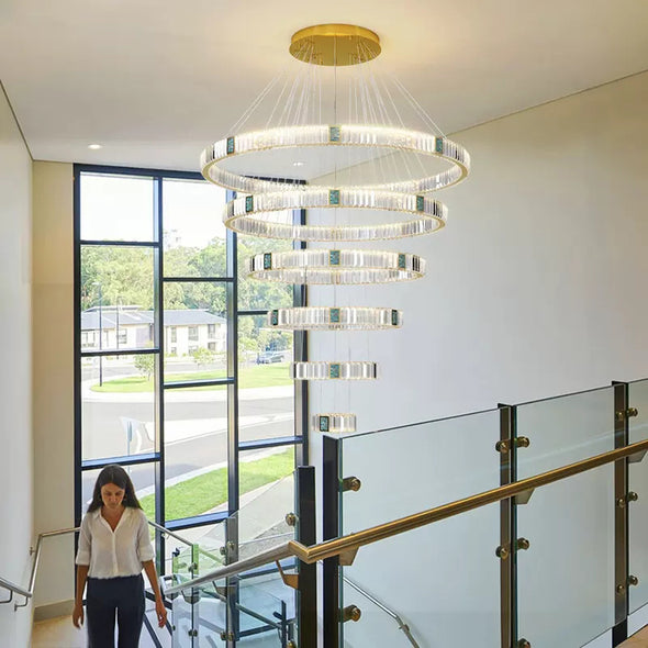 High Ceiling Crystals Rings Chandeliers For Stair Way